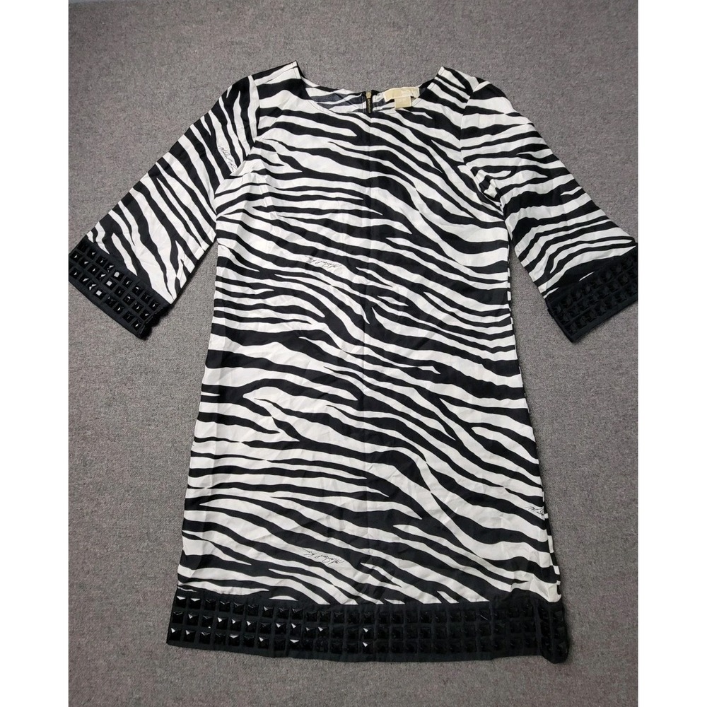Michael Kors Women's Zebra Print Silk Shift Dress Studded Trim Small‎ NWT